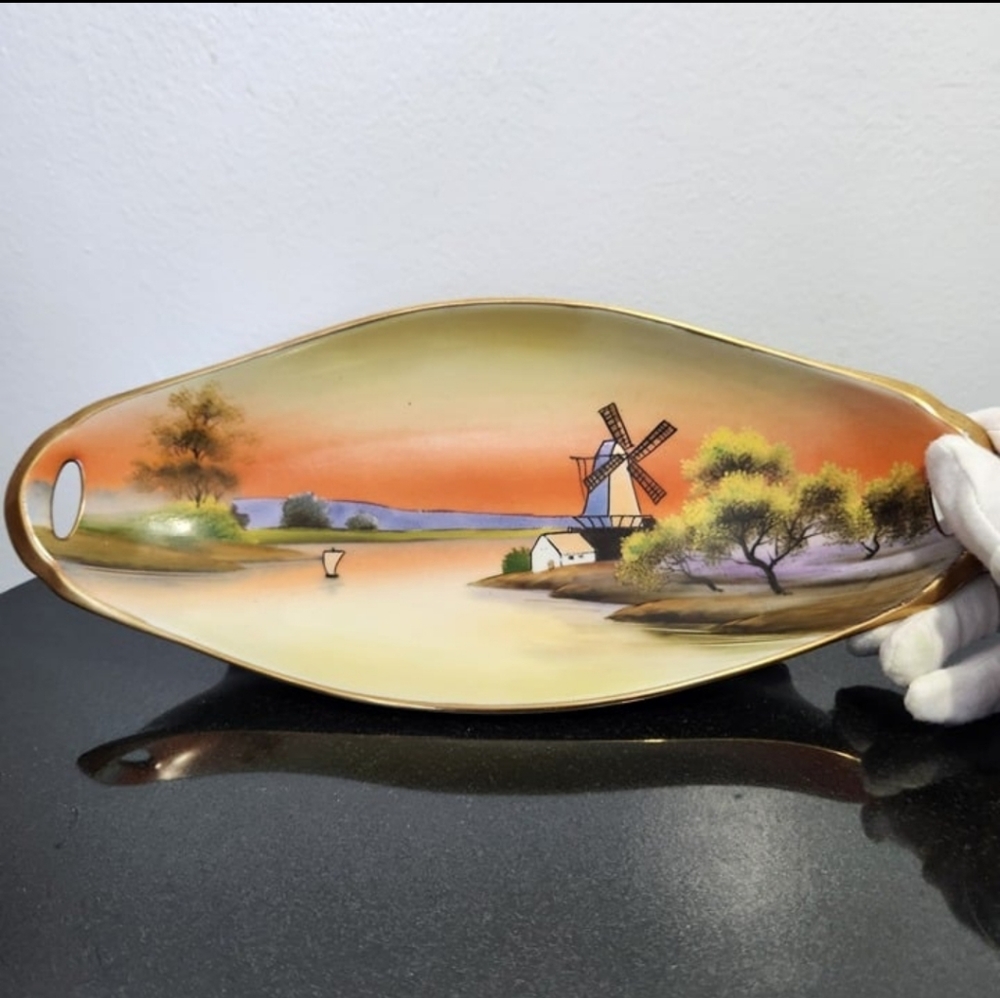 Hand Painted Noritake Oval Bowl, 2 Handles, Windmill - Picture 3 of 11